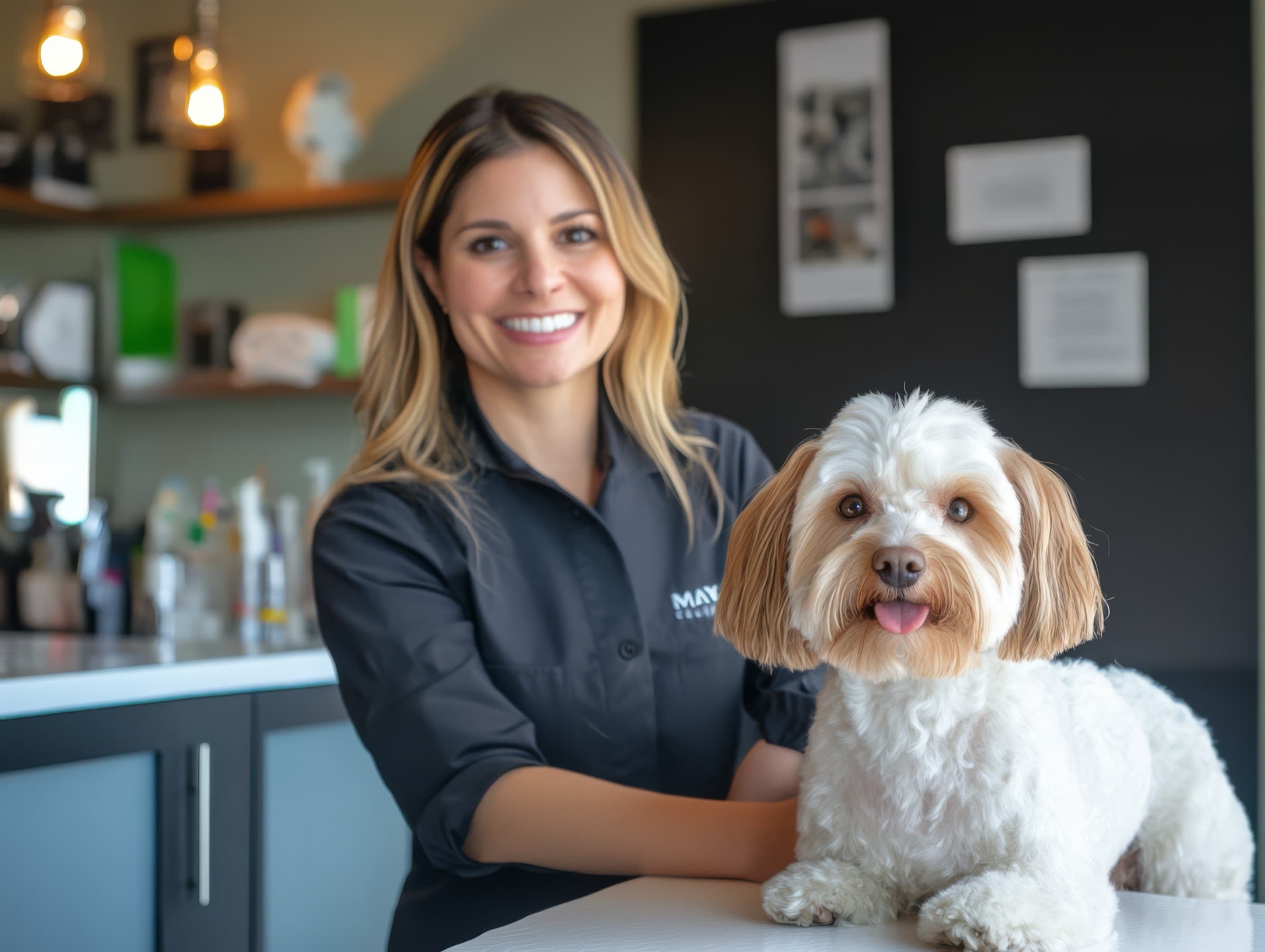 A mobile dog groomer at work